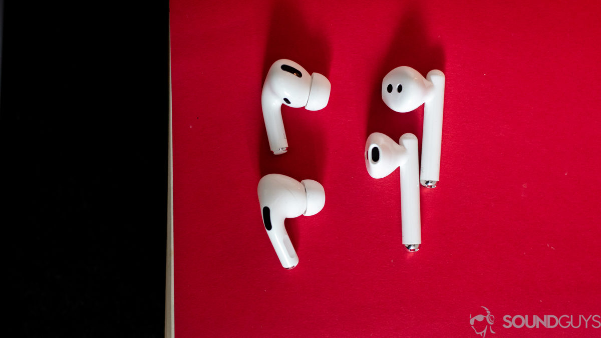Freebuds brancos 3 e AirPods Pro em um fundo vermelho Freebuds brancos 3 e AirPods Pro em um fundo vermelho