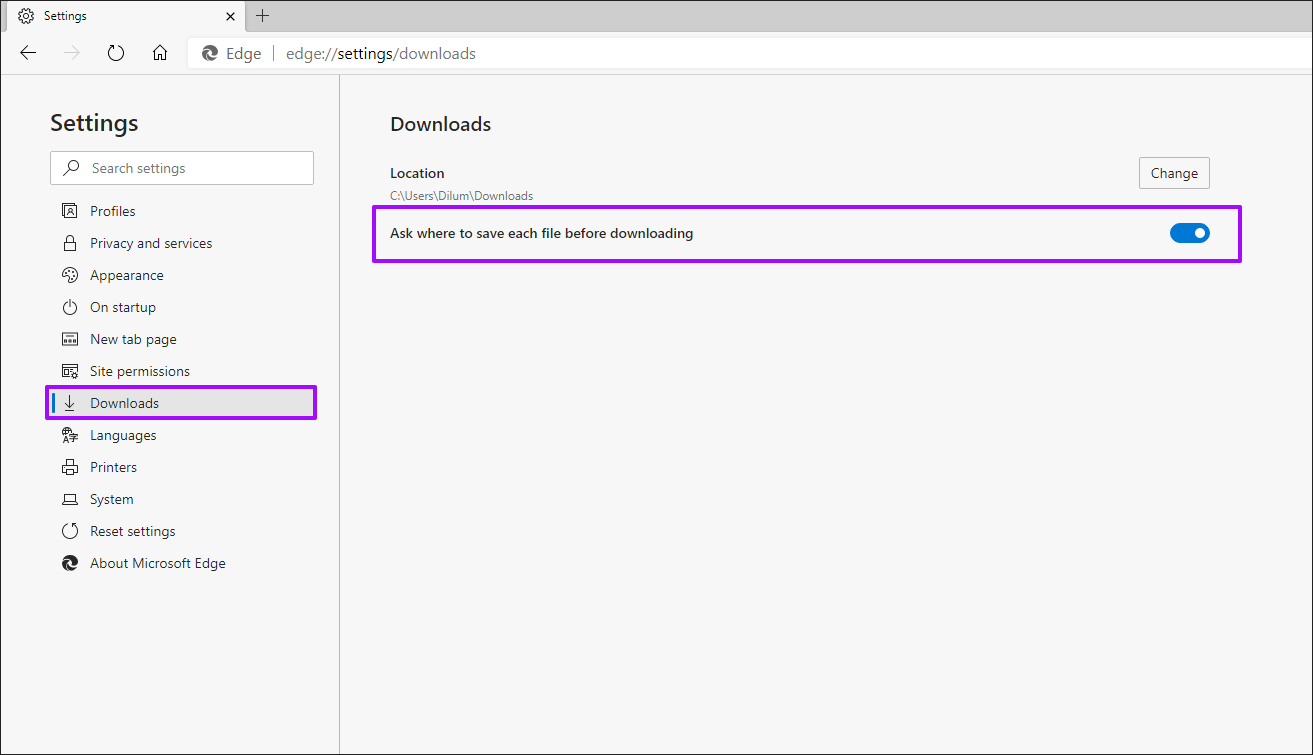 Local de transferência de alterações do Microsoft Edge Chromium 5