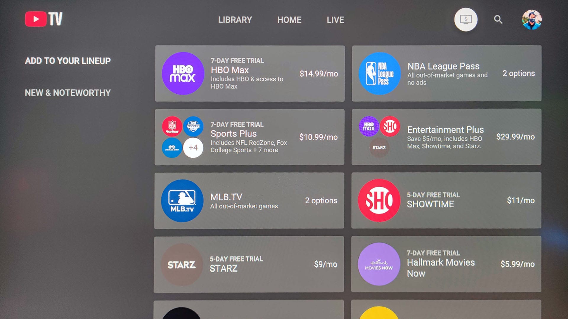 A nova guia da loja do YouTube TV mostra opções de assinatura em smart